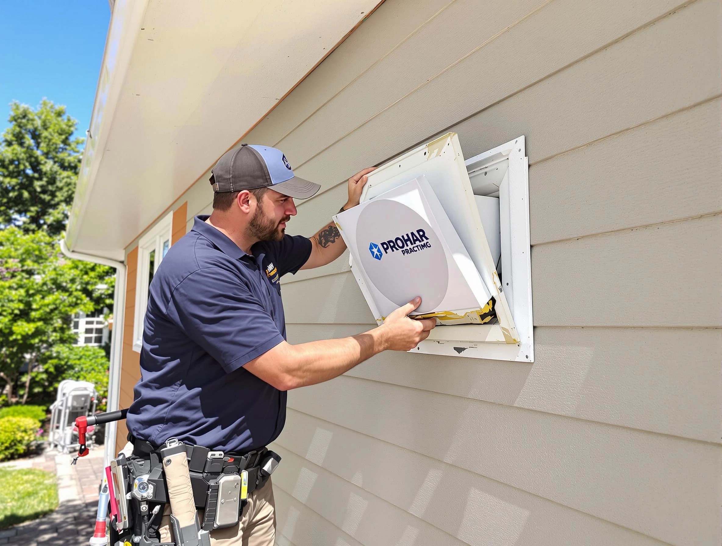 Tewksbury Dryer Vent Cleaning technician installing a new protective dryer vent cover on a home in Tewksbury