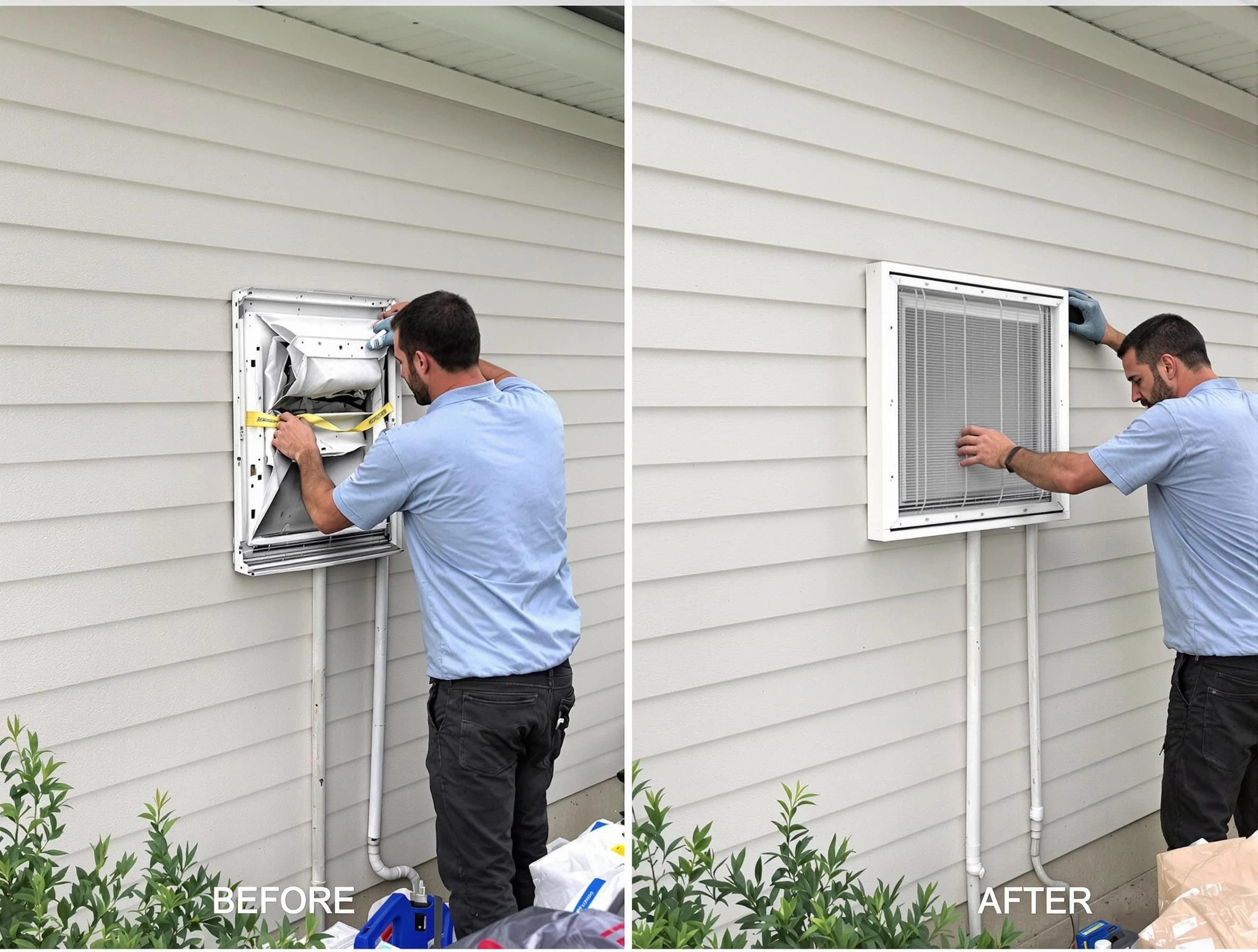 Tewksbury Dryer Vent Cleaning technician installing high-quality dryer vent cover at a residential property in Tewksbury