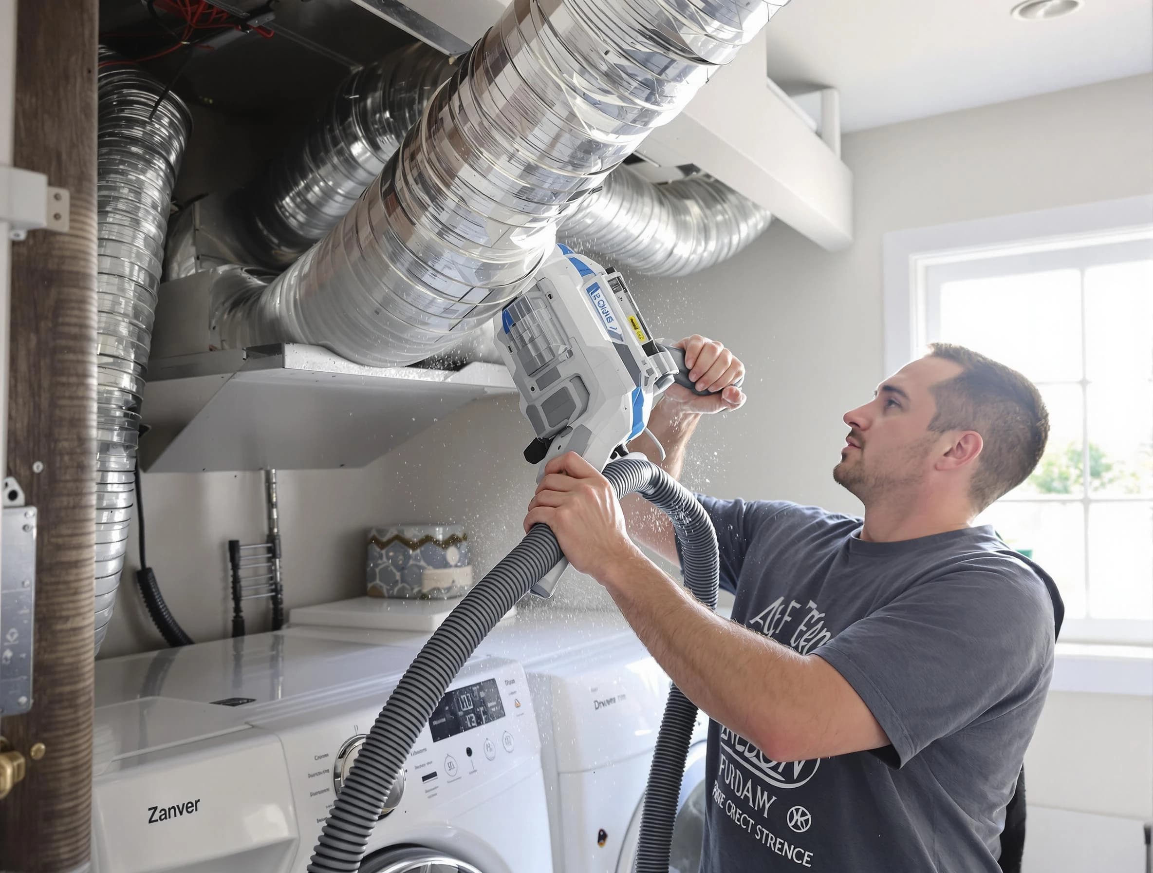 Tewksbury Dryer Vent Cleaning specialist cleaning deep within a dryer vent duct system in Tewksbury