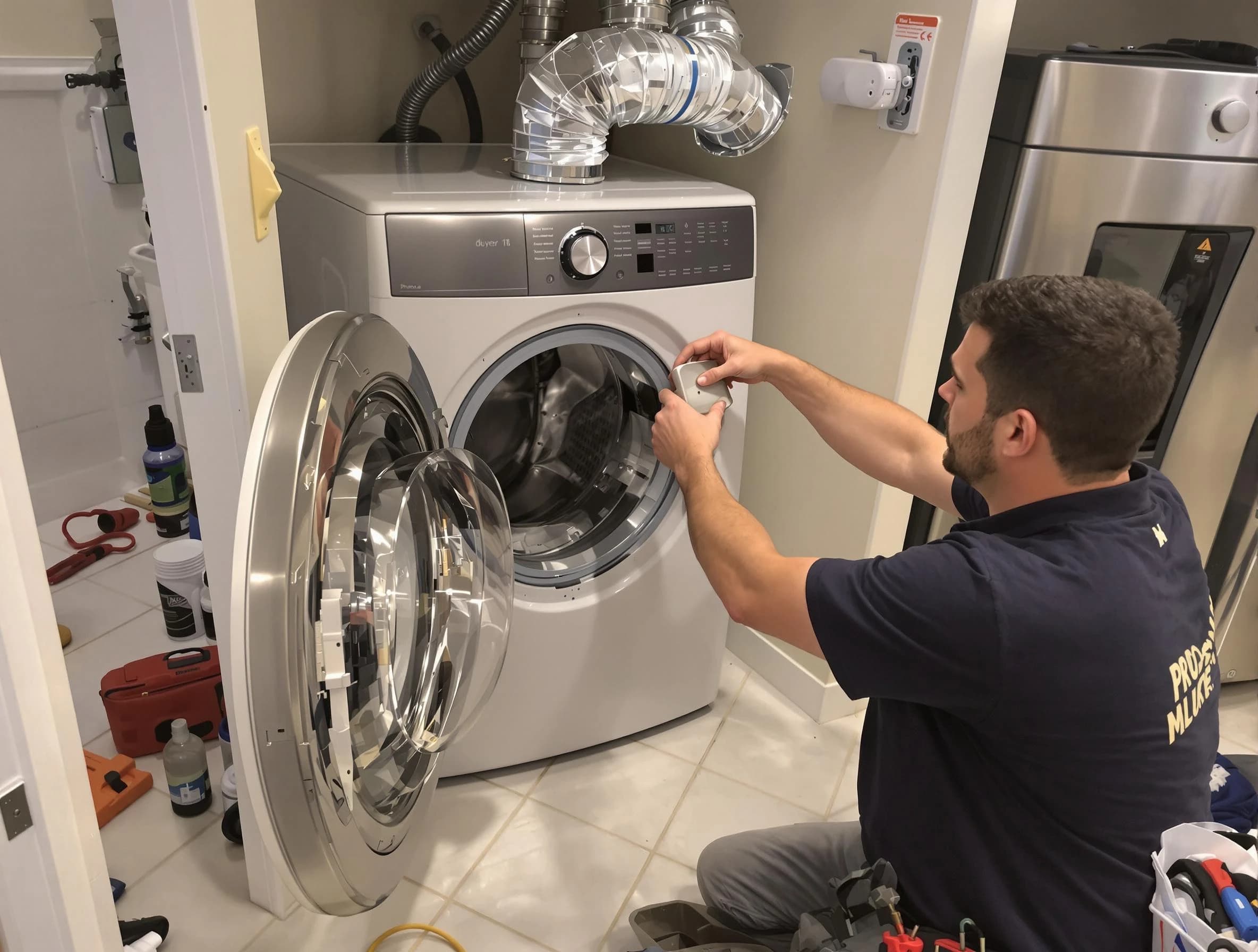 Tewksbury Dryer Vent Cleaning technician performing precise dryer vent hose installation in Tewksbury