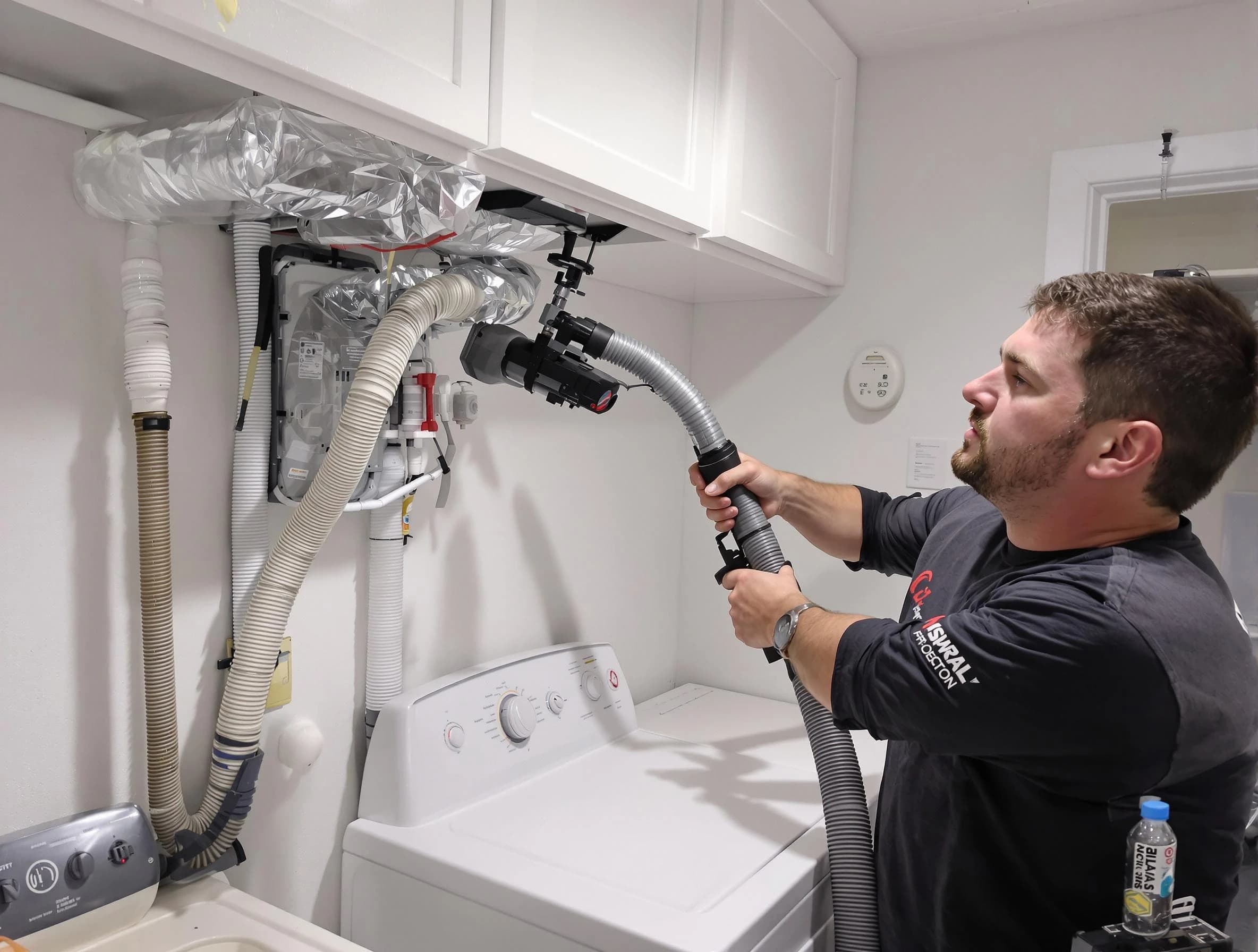 Tewksbury Dryer Vent Cleaning certified technician performing safety-focused gas dryer vent cleaning in Tewksbury