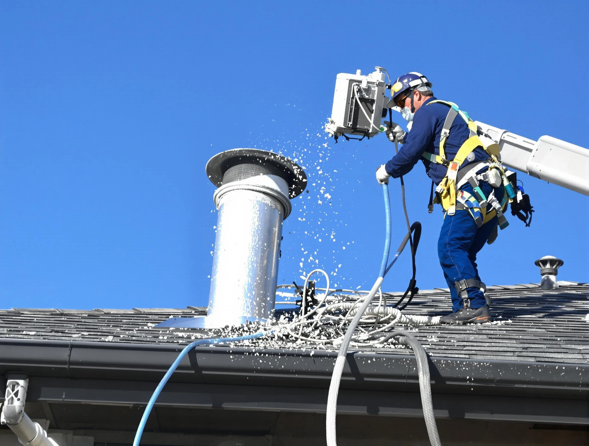 Tewksbury Dryer Vent Cleaning certified technician safely cleaning a roof-mounted dryer vent in Tewksbury
